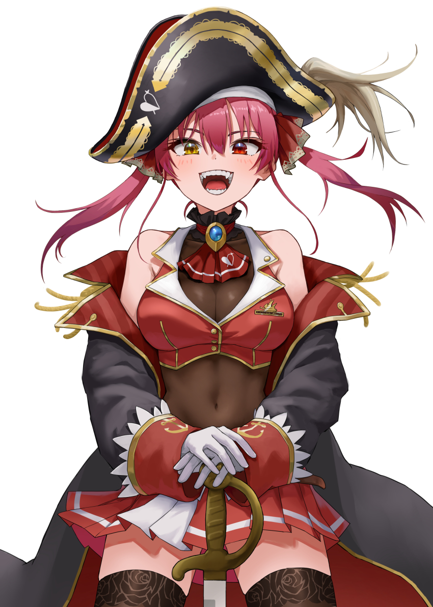 1girl, absurdres, anchor_print, arikacoco, bare_shoulders, black_coat, black_hat, blush