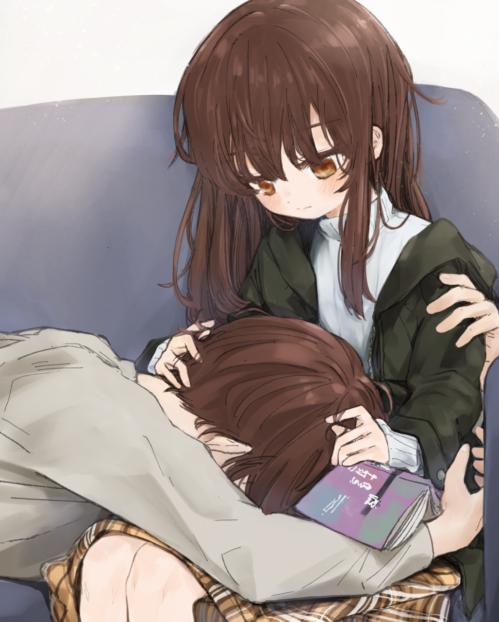 1boy, 1girl, blush, book, borrowed_character, brother_and_sister, brown_eyes, brown_hair