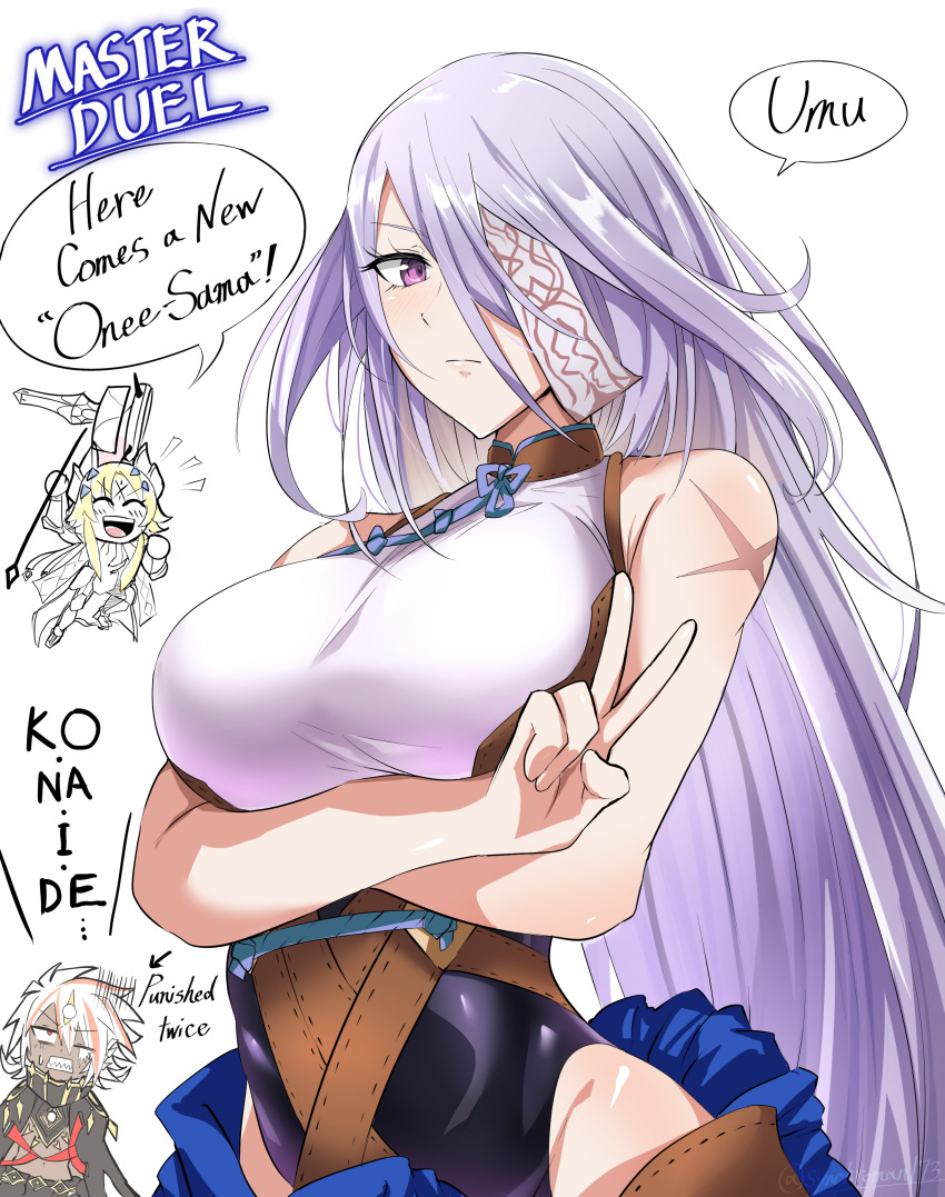 1boy, 2girls, absurdres, albaz_(yu-gi-oh!), blonde_hair, breasts, chibi, crossed_arms