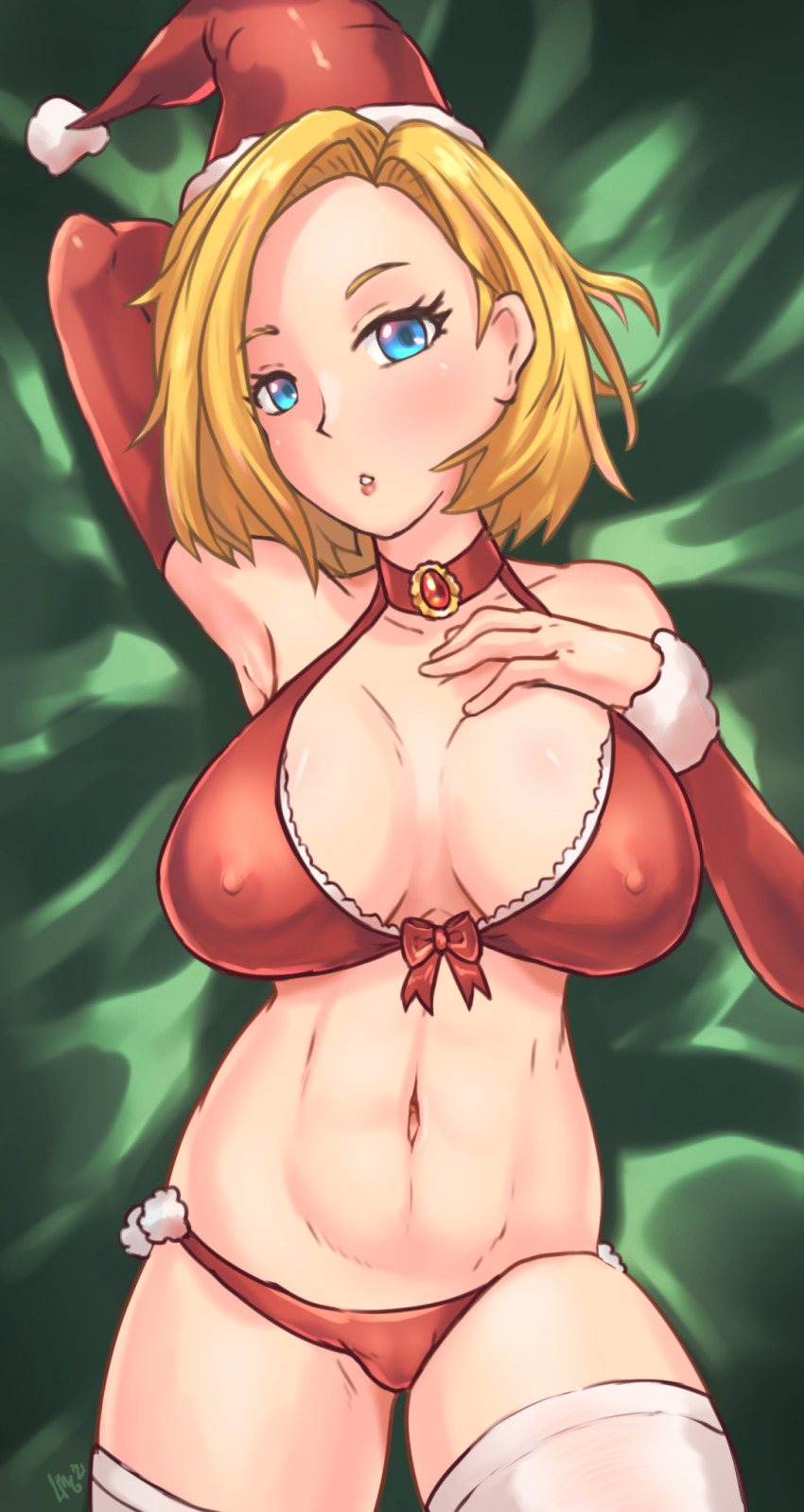 1girl, android_18, arm_up, bikini, blonde_hair, blue_eyes, blush, bob_cut, breasts, choker, christmas, cleavage, covered_erect_nipples, detached_sleeves, dragon_ball, dragonball_z, female_focus, from_above, fur_trim, groin, hand_on_own_chest, hand_up, hat, highres, large_breasts, legs, looking_at_viewer, lying, medium_hair, mignonette, navel, parted_lips, santa_hat, solo, swimsuit, thighhighs, thighs