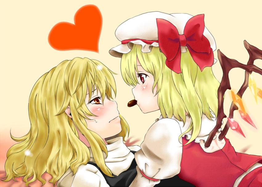 2girls, blonde_hair, blush, bow, chocolate, female_focus, flandre_scarlet, food_in_mouth, hat, hat_bow, heart, kirisame_marisa, mogmogura, mouth_hold, multiple_girls, missing_headwear, no_headwear, short_hair, touhou, valentine, wings, yuri