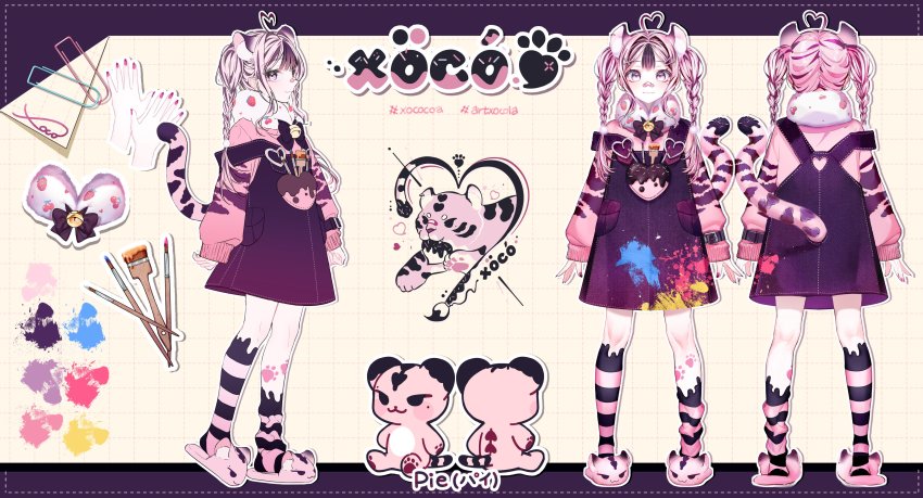 1girl, absurdres, ahoge, animal_ears, black_dress, braid, brown_hair, dress, heart, heart_ahoge, heart-shaped_hair, highres, indie_virtual_youtuber, long_sleeves, medium_hair, multicolored_hair, multiple_views, nail_polish, official_art, pink_hair, pink_nails, pink_slippers, pink_sweater, reference_sheet, sleeves_past_wrists, slippers, smile, socks, streaked_hair, stuffed_animal, stuffed_toy, sweater, tail, teddy_bear, tiger_ears, tiger_girl, tiger_tail, twin_braids, virtual_youtuber, xoco, xoco_(vtuber)