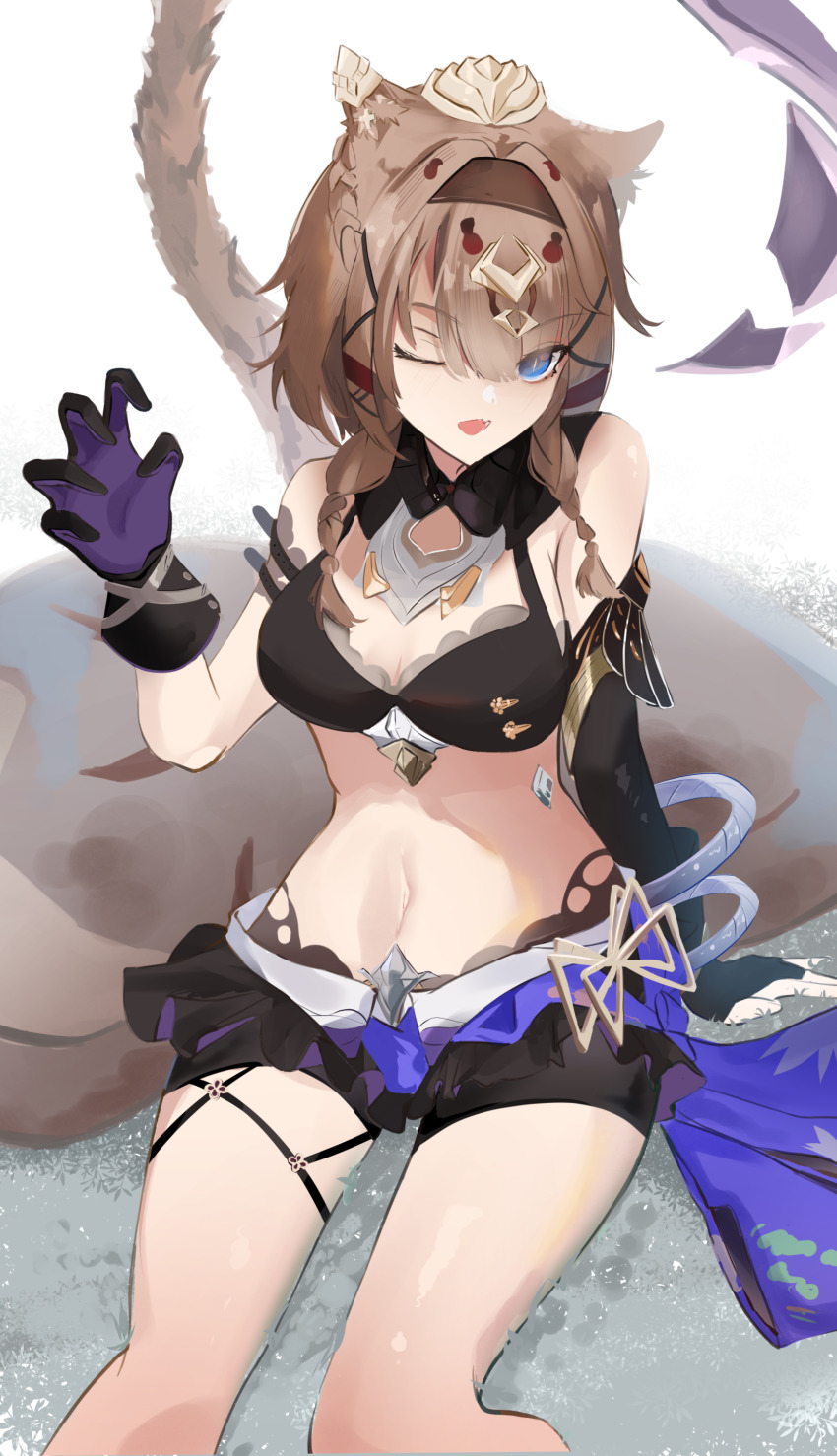 1girl, absurdres, animal_ear_fluff, animal_ears, asymmetrical_gloves, bare_shoulders, black_gloves, black_headband
