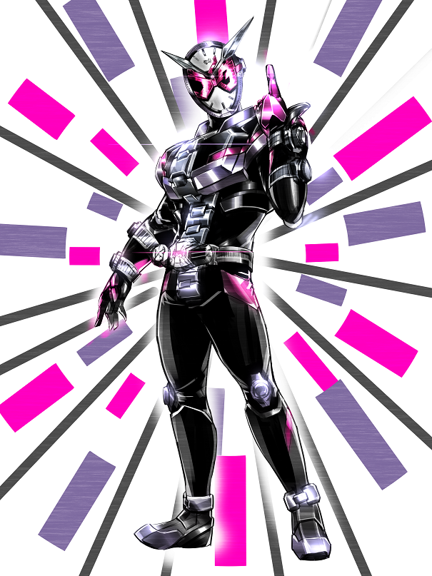 1boy, 2018, armor, arrow_(symbol), black_bodysuit, black_shoes, bodysuit, clock, clock_hands, full_body, gloves, kamen_rider, kamen_rider_zi-o, kamen_rider_zi-o_(series), male_focus, multicolored_background, pink_background, pink_eyes, pink_gloves, pointing, pointing_up, profile, rider_belt, rider_watch, ryukawa, shoes, solo, time_travel, tokusatsu, upper_body, white_background, zi-o_rider_watch, ziku_driver