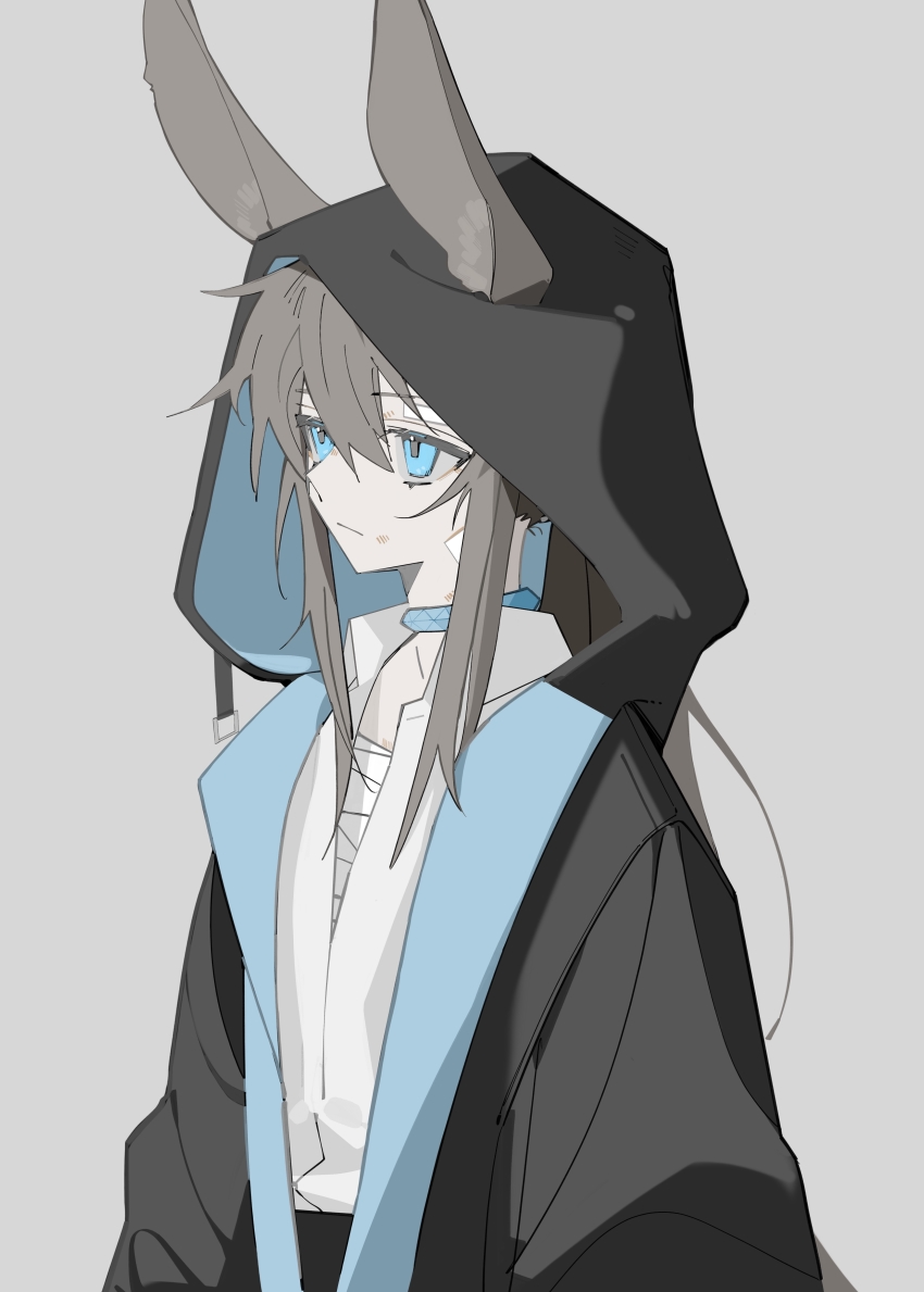 1girl, absurdres, amiya_(arknights), animal_ear_fluff, animal_ears, arknights, bandages, black_jacket, blue_eyes, brown_hair, closed_mouth, collared_shirt, commentary_request, dress_shirt, ears_through_headwear, grey_background, hair_between_eyes, highres, hood, hood_up, hooded_jacket, jacket, lihuashuangxiang, long_hair, looking_away, rabbit_ears, shirt, simple_background, solo, upper_body, very_long_hair, white_shirt