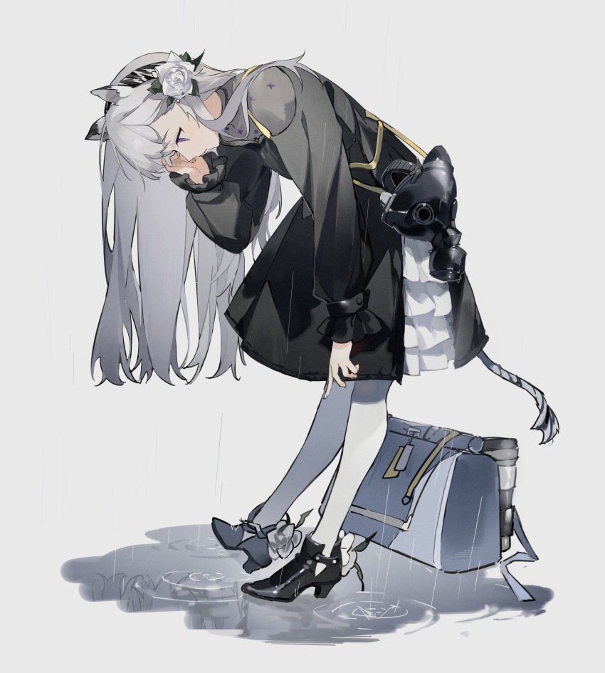 1girl, absurdres, animal_ears, arknights, azure_silan, bag, black_dress, black_shoes, dress, flower, full_body, gas_mask, grey_background, grey_hair, hair_flower, hair_ornament, hand_up, heavyrain_(arknights), heavyrain_(tranquil_moss)_(arknights), high_heels, highres, leaning_forward, long_hair, long_sleeves, looking_away, looking_down, mask, pantyhose, profile, puddle, puffy_long_sleeves, puffy_sleeves, purple_eyes, reflection, ripples, rose, shoes, sleeves_past_wrists, solo, standing, tail, unworn_mask, very_long_hair, water, white_flower, white_pantyhose, white_rose
