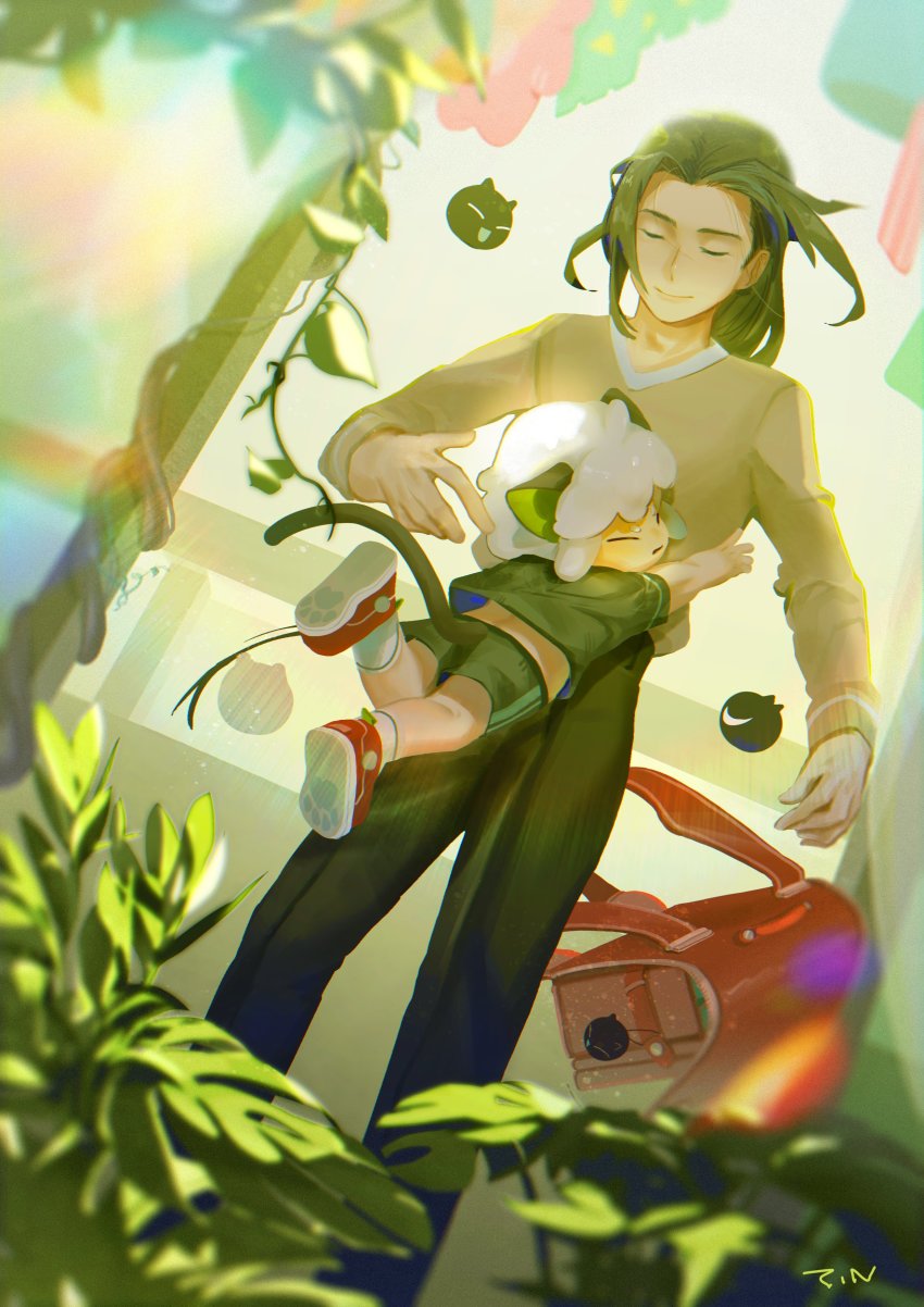 2boys, absurdres, animal_ears, backpack, bag, black_pants, black_shirt, black_shorts