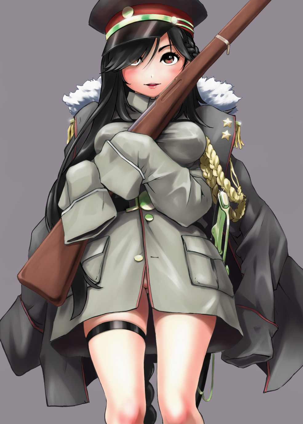 1girl, black_hair, braid, breasts, brown_eyes, brown_skirt, collared_shirt, fur-trimmed_jacket, fur_trim, general_liu_(girls'_frontline), general_liu_rifle, girls'_frontline, gun, hat, highres, holding, holding_gun, holding_weapon, jacket, jacket_on_shoulders, long_hair, long_sleeves, looking_at_viewer, medium_breasts, noroma, peaked_cap, rifle, shirt, single_braid, skirt, sleeves_past_wrists, solo, thigh_strap, very_long_hair, weapon