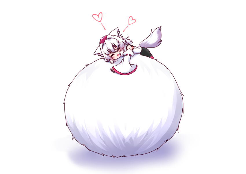 1girl, :d, animal_ears, blush, chibi, detached_sleeves, closed_eyes, full_body, fuuren_udon, happy, hat, heart, inubashiri_momiji, open_mouth, oversized_object, pom_pom_(clothes), shirt, short_hair, silver_hair, simple_background, skirt, smile, solo, tail, tail_wagging, tokin_hat, touhou, white_background, wolf_ears, wolf_tail