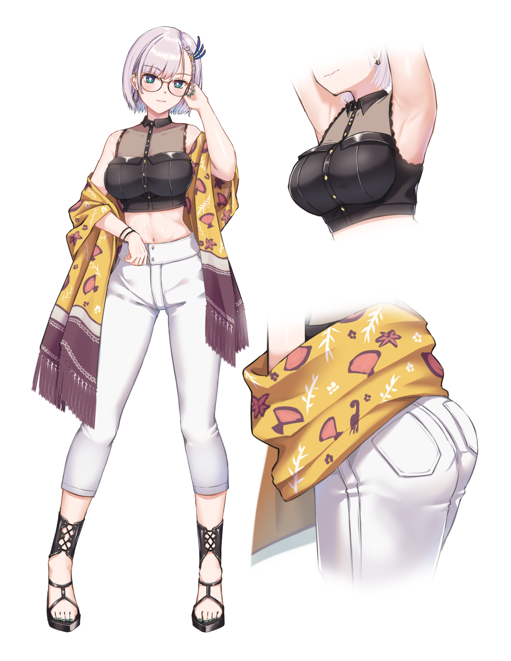 1girl, aqua_eyes, aqua_nails, arched_back, armpits, arms_up, ass, blush, braid, braided_bangs, breasts, bright_pupils, brown-framed_eyewear, buttons, capri_pants, crop_top, dress_shirt, earrings, feather_hair_ornament, feathers, fingernails, floating_earrings, full_body, glasses, hair_ornament, hand_on_own_cheek, hand_on_own_face, hand_up, highres, hololive, hololive_indonesia, hoop_earrings, jewelry, large_breasts, legs_apart, midriff, mismatched_earrings, multiple_views, nail_polish, navel, official_alternate_hair_length, official_alternate_hairstyle, pants, parted_lips, pavolia_reine, sandals, see-through_clothes, see-through_shirt, semi-rimless_eyewear, shawl, shirt, short_hair, silver_hair, simple_background, sleeveless, sleeveless_shirt, smile, standing, sundajin_asagi, toenail_polish, toenails, virtual_youtuber, white_background, white_pants, white_pupils