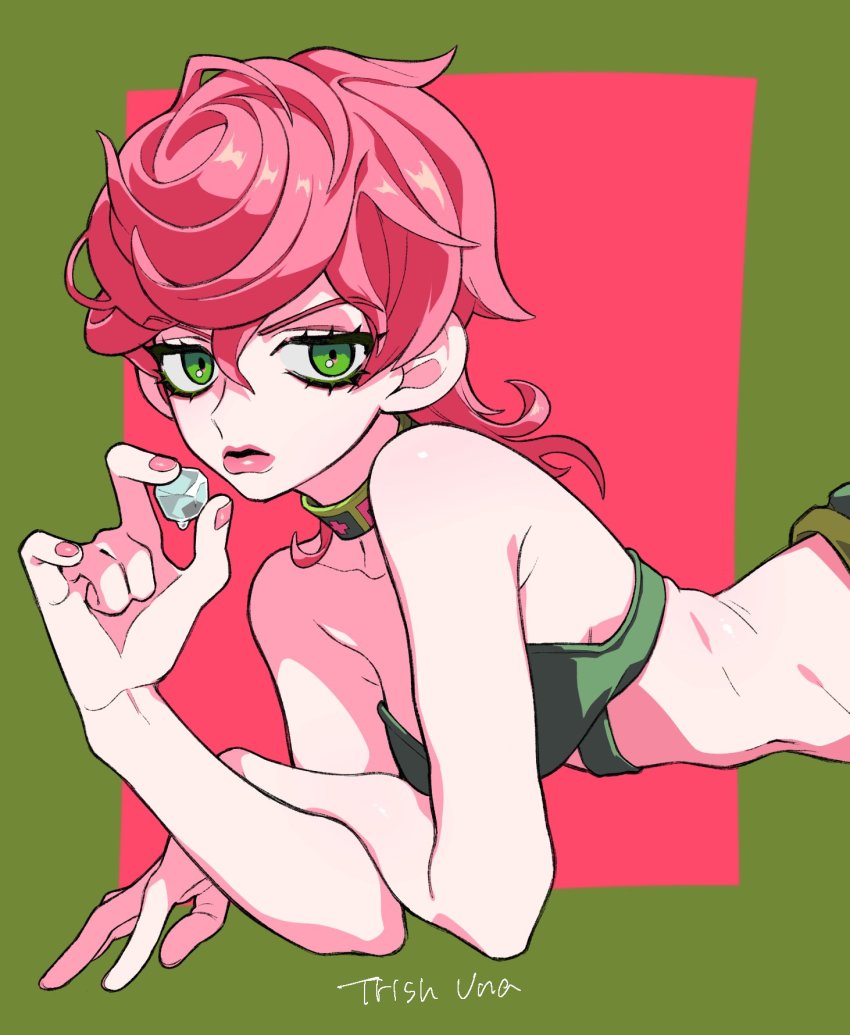 1girl, bare_shoulders, border, c73an, character_name, green_border, green_eyes, hair_between_eyes, highres, holding, ice, ice_cube, jojo_no_kimyou_na_bouken, looking_at_viewer, medium_hair, midriff, nail_polish, navel, pink_background, pink_hair, pink_nails, shadow, solo, trish_una, upper_body, vento_aureo