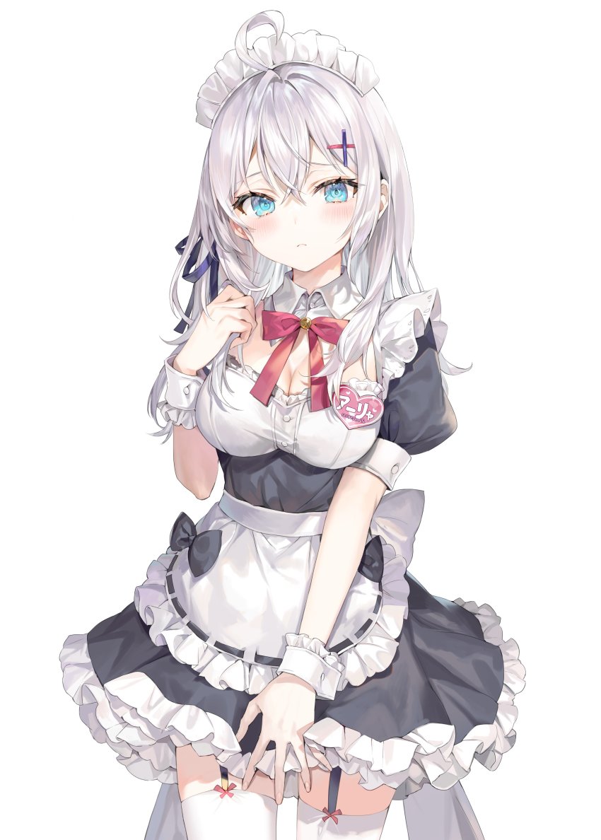 1girl, absurdres, ahoge, alisa_mikhailovna_kujou, alternate_costume, apron, black_dress, blue_eyes, bow, bowtie, breasts, cleavage, commentary_request, cowboy_shot, dress, enmaided, frilled_dress, frills, frown, garter_straps, hair_ornament, hairclip, hand_up, highres, long_hair, looking_at_viewer, maid, maid_apron, maid_headdress, medium_breasts, momoko_(momopoco), name_tag, ribbon-trimmed_apron, ribbon_trim, simple_background, solo, standing, thighhighs, tokidoki_bosotto_roshia-go_de_dereru_tonari_no_alya-san, waist_apron, white_background, white_hair, white_thighhighs, wing_collar, x_hair_ornament, zettai_ryouiki