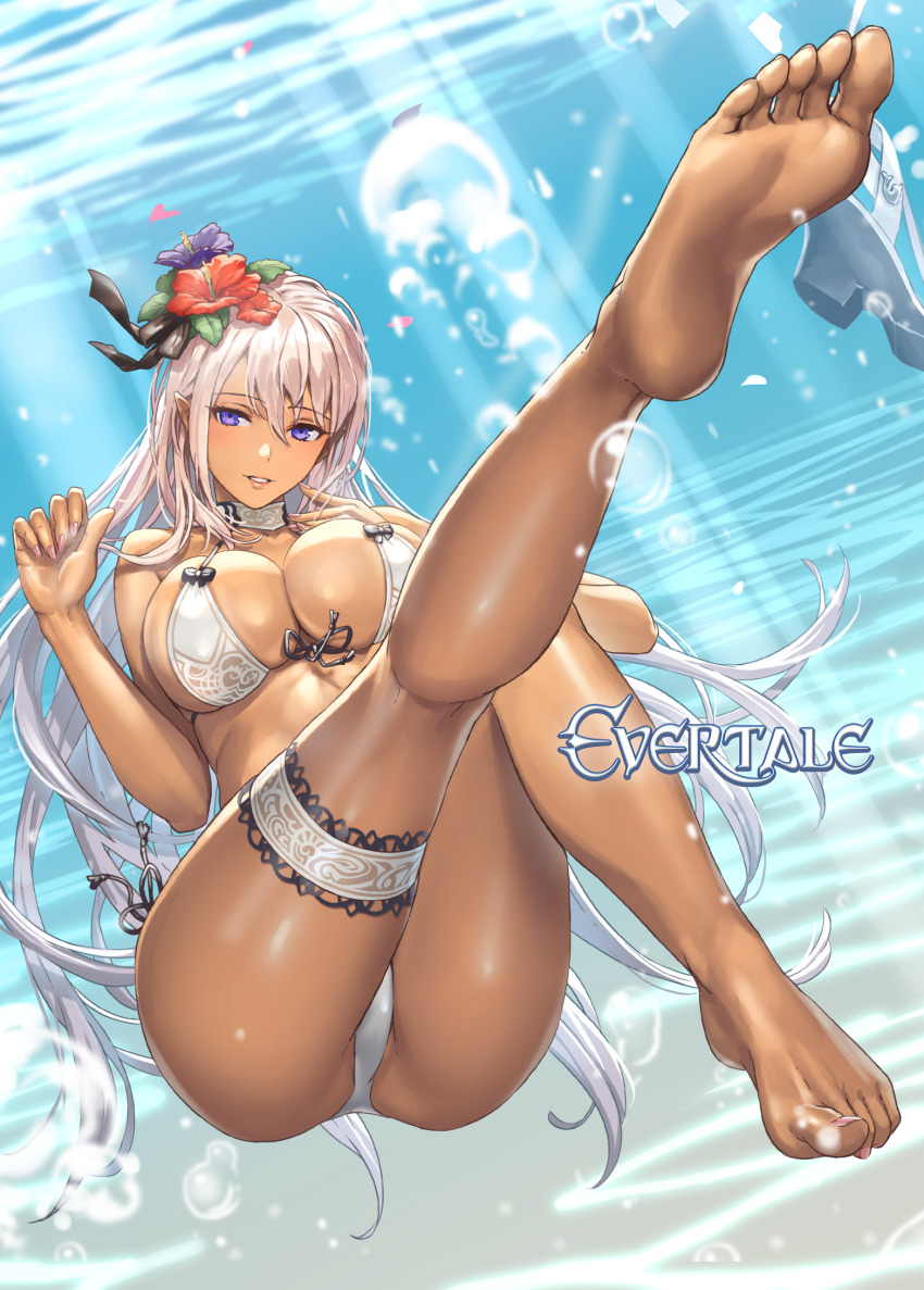 1girl, air_bubble, ass, bare_shoulders, barefoot, bikini, breasts, bubble, cleavage, commentary_request, copyright_name, cuboon, dark-skinned_female, dark_skin, elmina_(evertale), evertale, feet, fingernails, flower, foot_focus, foreshortening, full_body, hair_flower, hair_ornament, hibiscus, highres, large_breasts, long_hair, looking_at_viewer, nail_polish, official_art, parted_lips, pink_hair, pointy_ears, purple_eyes, sandals, shiny_skin, shoes, unworn_shoes, simple_background, smile, soles, submerged, sunlight, swimsuit, thigh_strap, thighs, toes, underwater, water, white_bikini