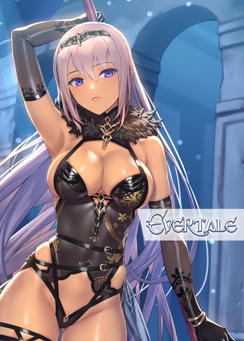 1girl, bare_shoulders, black_gloves, breasts, cleavage, closed_mouth, clothing_cutout, commentary_request