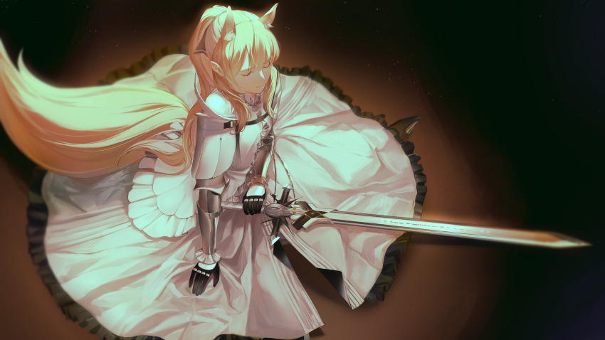 1girl, absurdres, animal_ear_fluff, animal_ears, arknights, arm_guards, armor, belt, black_bow, black_gloves, blemishine_(arknights), blemishine_(elite_ii)_(arknights), blonde_hair, bow, cape, closed_eyes, closed_mouth, full_armor, fur-trimmed_cape, fur_trim, gloves, hair_bow, high_ponytail, highres, holding, holding_sword, holding_weapon, horse_ears, horse_girl, horse_tail, long_hair, oxy_(ho2), ponytail, sidelocks, sitting, solo, sword, tail, thighhighs, weapon, white_cape