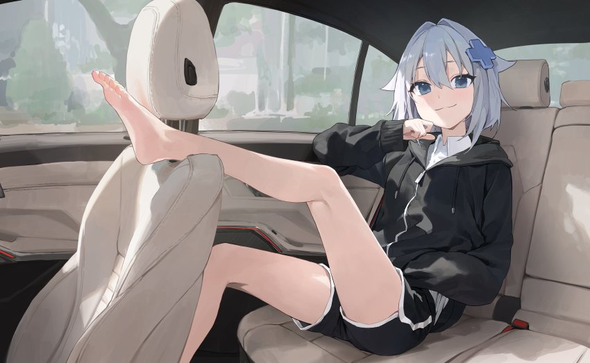 1girl, :3, absurdres, barefoot, black_hoodie, black_jacket, black_shorts, blue_eyes, blush, car_interior, car_seat, closed_mouth, collared_shirt, commentary, dappled_sunlight, drawstring, dress_shirt, gosegu, grey_hair, hair_flaps, hair_ornament, hand_on_lap, hand_on_own_cheek, hand_on_own_face, highres, hood, hoodie, jacket, leg_up, looking_at_viewer, modare, plus_sign, shirt, short_hair, short_shorts, shorts, sitting, smile, smug, solo, sunlight, thighs, tree, virtual_youtuber, waktaverse, white_shirt, zipper_pull_tab