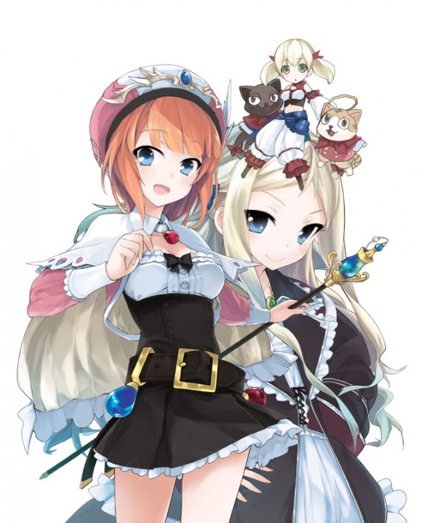 3girls, aranya_(atelier), atelier_(series), atelier_rorona, belt, black_dress, blonde_hair, blue_eyes