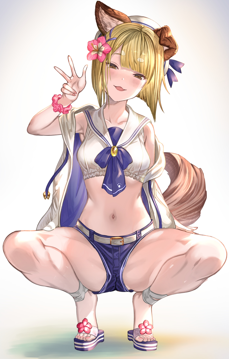 1girl, aldehyde, animal_ears, belt, blonde_hair, blue_shorts, blush, breasts, brown_eyes, collarbone, crop_top, dog_ears, dog_girl, dog_tail, erune, granblue_fantasy, hat, highres, looking_at_viewer, navel, open_clothes, open_mouth, open_vest, sailor_collar, sandals, short_hair, short_shorts, shorts, small_breasts, smile, solo, squatting, tail, thighs, vajra_(granblue_fantasy), vajra_(summer)_(granblue_fantasy), vest, white_hat, white_vest