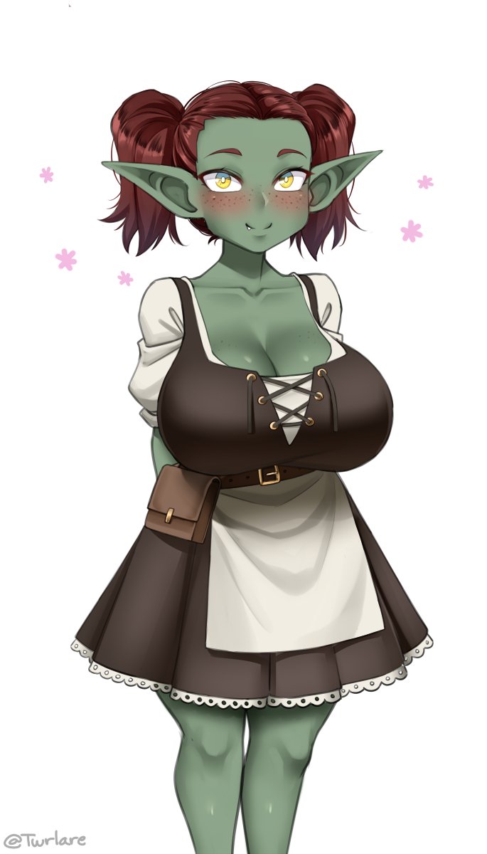 apron, blush, breasts, cleavage, colored_skin, fangs, female_goblin, forehead, freckles, goblin, green_skin, highres, large_breasts, legs, millie_(twrlare), original, pointy_ears, red_hair, shortstack, skirt, smile, solo_focus, twintails, twrlare, yellow_eyes