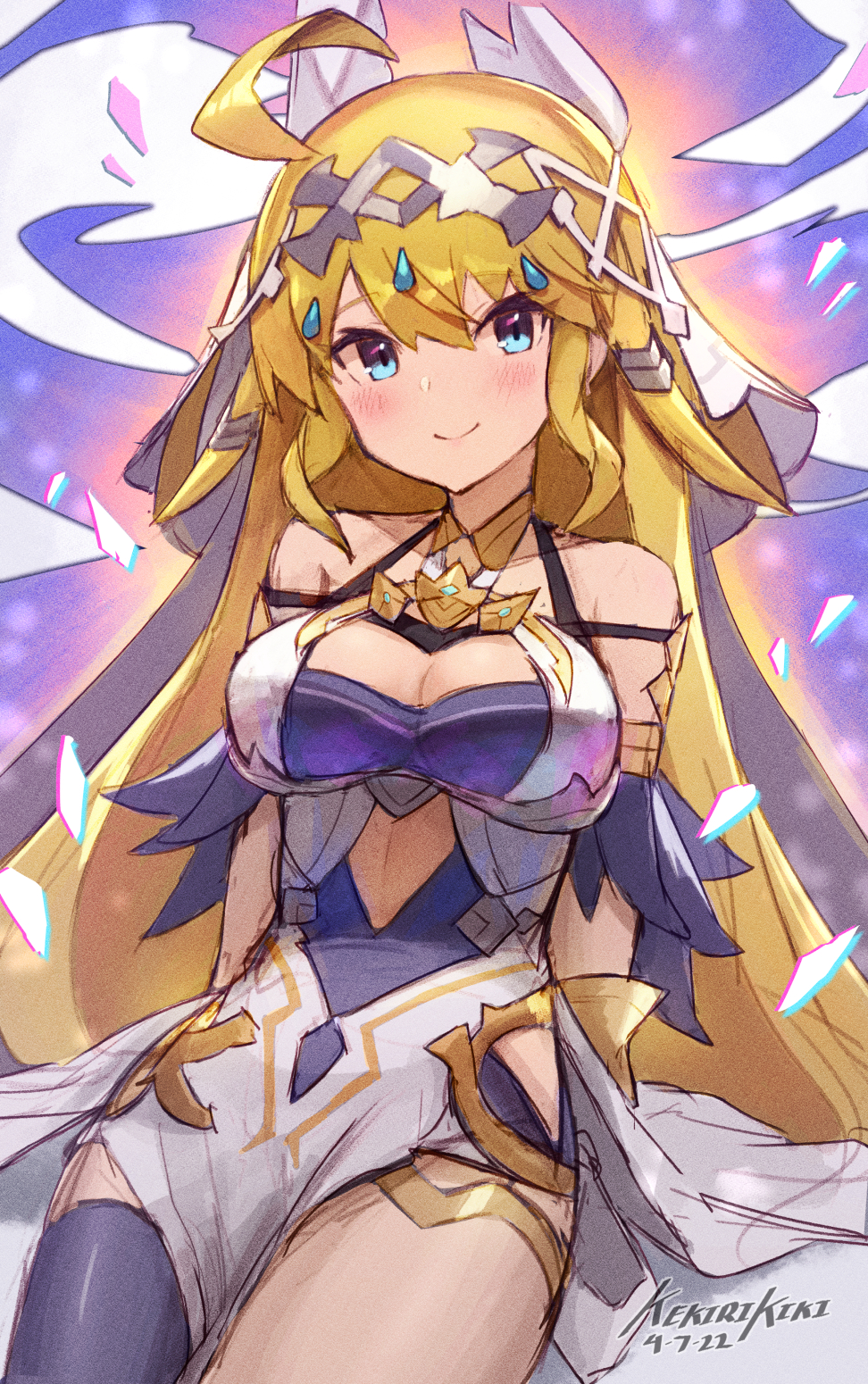 1girl, ahoge, bare_shoulders, blonde_hair, blue_eyes, blush, breasts, cleavage, closed_mouth, clothing_cutout, dated, dragalia_lost, dress, hair_ornament, highres, long_hair, looking_at_viewer, medium_breasts, punished_pigeon, ribbon, single_thighhigh, sitting, smile, thighhighs, tiara, zethia, zethia_(bondforged)
