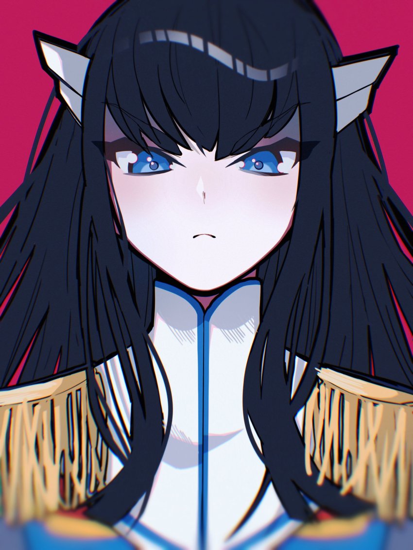 1girl, black_hair, blue_eyes, blurry, closed_mouth, commentary_request, epaulettes, frown, high_collar, highres, junketsu, kamui_(kill_la_kill), kill_la_kill, kiryuuin_satsuki, long_hair, looking_at_viewer, pink_background, school_uniform, solo, upper_body, uumi_hinata
