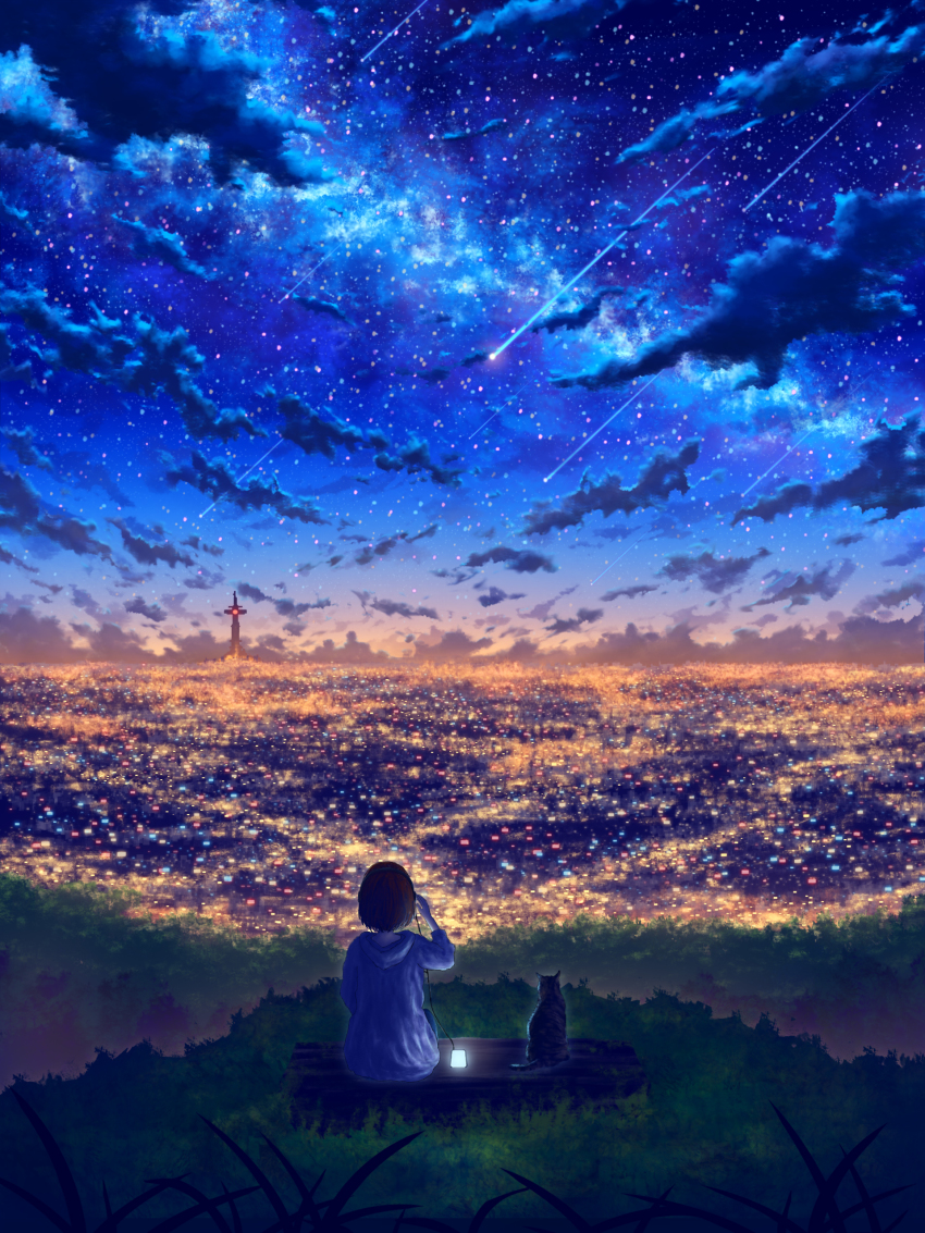 1girl, absurdres, au_ito, cat, city, city_lights, cityscape, cloud