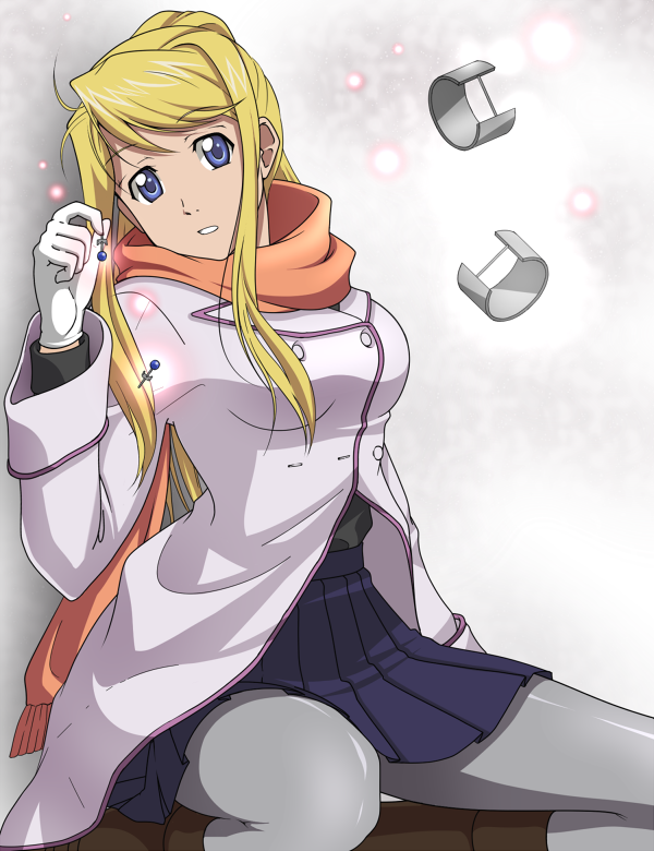 00s, 1girl, blonde_hair, blue_eyes, coat, earrings, female_focus, fullmetal_alchemist, gloves, jewelry, mikeneko_(stray-sheep), open_mouth, pantyhose, ponytail, scarf, skirt, solo, white_gloves, winry_rockbell