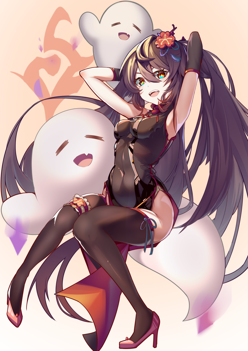 1girl, absurdres, armpits, arms_up, bare_shoulders, black_leotard, black_thighhighs, breasts