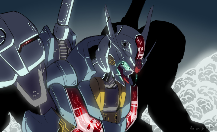 commentary, dark_background, glowing, glowing_eyes, green_eyes, gundam, gundam_aerial, gundam_suisei_no_majo