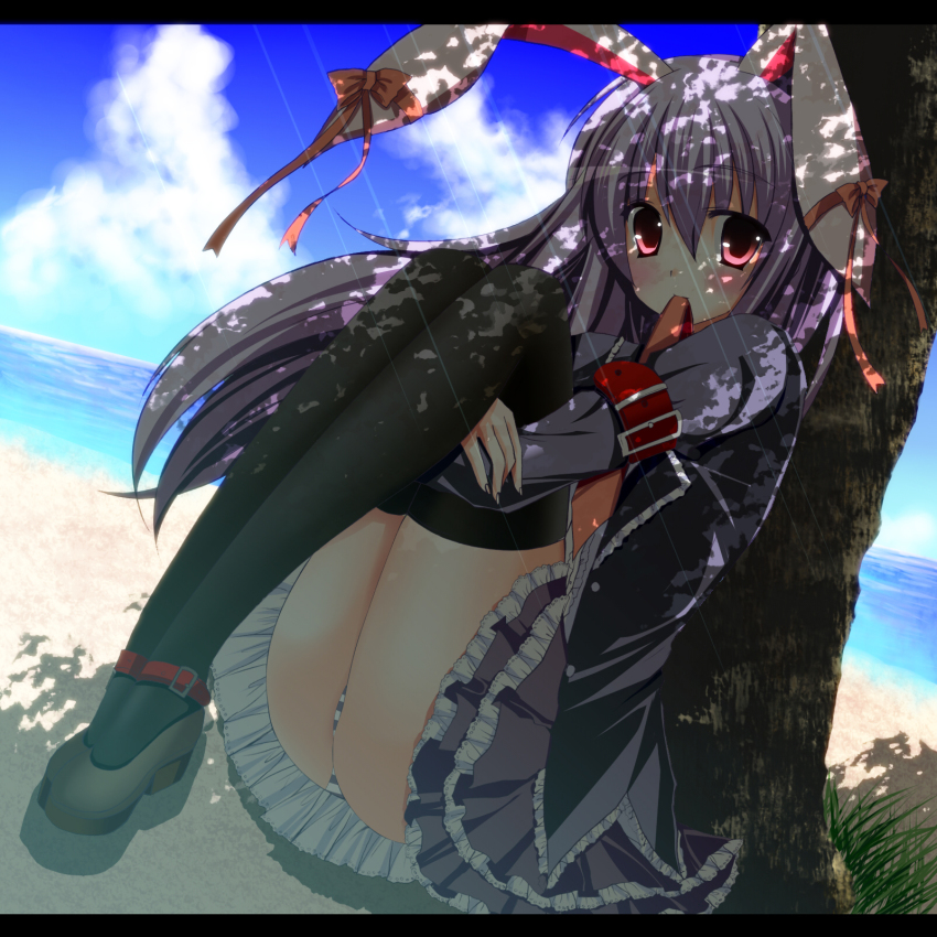 1girl, animal_ears, bad_id, bad_pixiv_id, beach, belt, dappled_sunlight, day