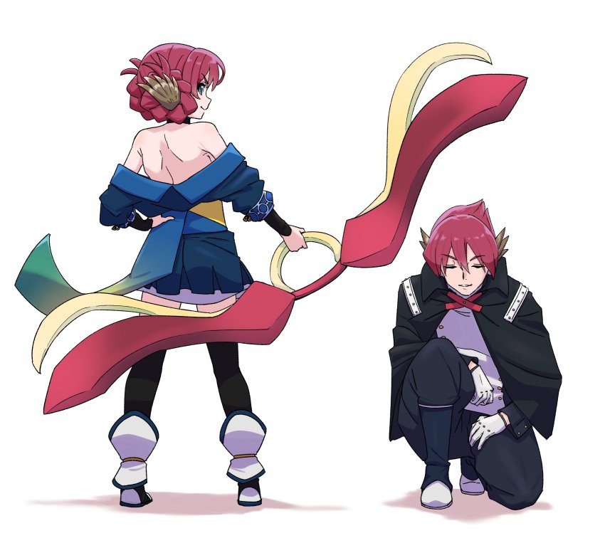 1boy, 1girl, age_difference, ainu_clothes, animal_ears, aquaplus, back, backless_outfit, bare_shoulders, blue_eyes, boots, bow_(weapon), braid, breasts, brother_and_sister, cape, choker, cleavage, closed_mouth, closed_eyes, family, from_behind, full_body, gloves, hair_between_eyes, hand_on_own_hip, highres, hithili, holding, holding_bow_(weapon), holding_weapon, kneeling, large_breasts, long_hair, long_sleeves, looking_at_viewer, nose, nosuri, off_shoulder, ougi, pants, parted_lips, raised_eyebrows, red_hair, short_hair, siblings, sideboob, skirt, smug, standing, teeth, thighhighs, thighs, toned, toned_female, utawarerumono, utawarerumono:_itsuwari_no_kamen, weapon, white_gloves, zettai_ryouiki