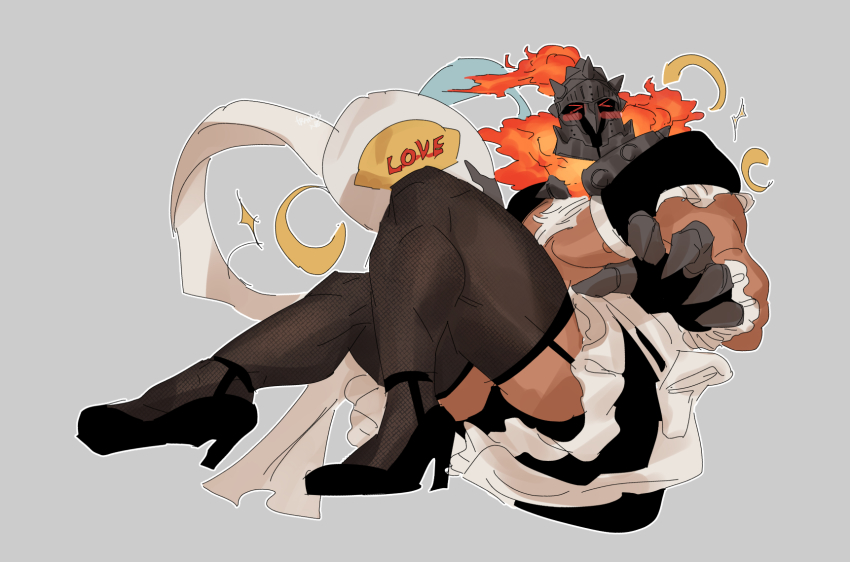 >_<, 1boy, alternate_costume, bara, bare_pectorals, black_thighhighs, blush, chest_hair, claw_pose, crossdressing, crossdressing_(mtf), dark-skinned_male, dark_skin, embers, enmaided, fire, francis_xie, glowing, glowing_eyes, grey_background, helmet, high_heels, highres, maid, male_focus, male_maid, muscular, muscular_male, pectorals, shrug_(clothing), solo, surtr_(housamo), thick_thighs, thighhighs, thighs, tokyo_houkago_summoners