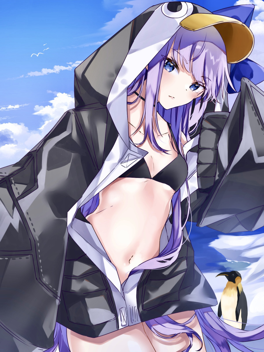 1girl, animal_hood, bare_shoulders, bikini, bird, black_bikini, black_jacket, blue_bow