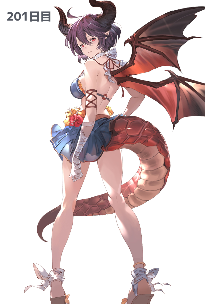 1girl, bandaged_hand, bandages, bare_shoulders, bikini, bikini_skirt, blue_bikini, blue_skirt, breasts, dragon_girl, dragon_horns, dragon_tail, dragon_wings, granblue_fantasy, grea_(shingeki_no_bahamut), grea_(summer)_(shingeki_no_bahamut), highres, horns, large_breasts, looking_at_viewer, looking_back, mikamiruka_0728, pointy_ears, purple_hair, red_eyes, sandals, short_hair, skirt, solo, swimsuit, tail, white_background, wings