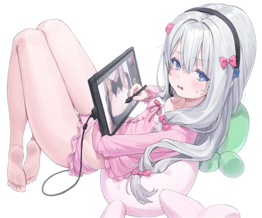 1girl, barefoot, blue_eyes, blush, bow, breasts, child, cleavage, drawing_tablet, eromanga_sensei, female_focus, full_body, grey_hair, hair_between_eyes, hair_bow, highres, holding, holding_drawing_tablet, holding_stylus, izumi_sagiri, kitagawa_marin, legs, long_hair, long_sleeves, looking_at_viewer, lying, on_back, p00nipooni, pajamas, pink_bow, pink_pajamas, pink_sleeves, simple_background, soles, solo, sono_bisque_doll_wa_koi_wo_suru, stylus, tablet_pc, thighs, toes, white_background