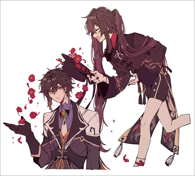 1boy, 1girl, :|, akina422, black_gloves, black_hair, black_headwear, black_nails