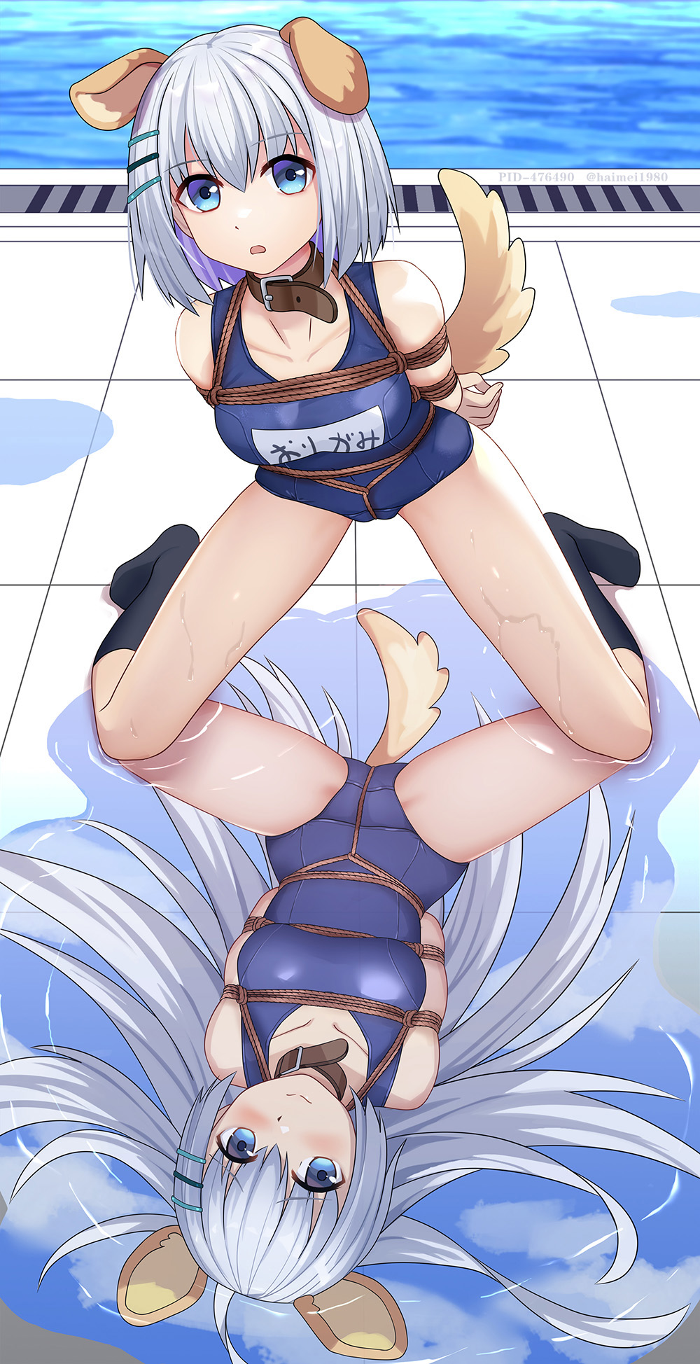 1girl, animal_ears, arms_behind_back, bare_shoulders, bdsm, black_legwear, blue_eyes, blue_one-piece_swimsuit