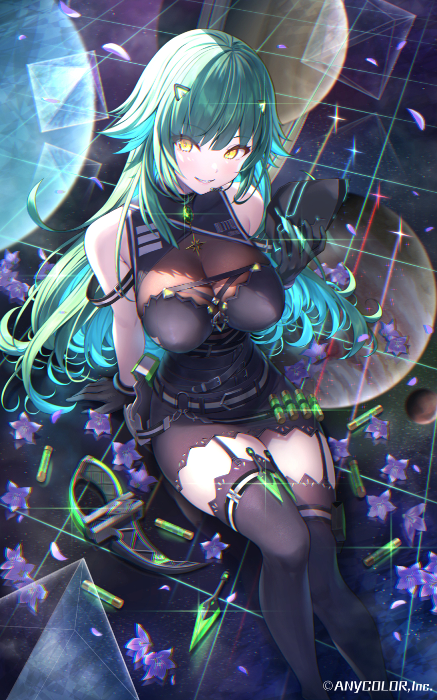 1girl, belt, breasts, buckle, cleavage, company_name, copyright_notice, dagger, feet_out_of_frame, flower, garter_straps, gem, gloves, green_hair, highres, holding, holding_mask, kitakoji_hisui, kitakoji_hisui_(2nd_costume), knife, kunai, large_breasts, long_hair, mask, matanonki, nijisanji, official_art, see-through_clothes, sharp_teeth, sitting, skirt, teeth, thighhighs, vial, virtual_youtuber, weapon, yellow_eyes