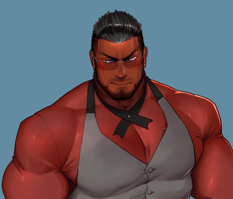 1boy, bad_id, bad_pixiv_id, bara, beard, biceps, black_hair, bolo_tie