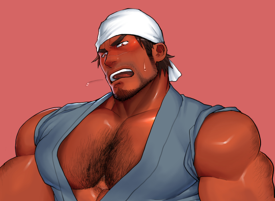 1boy, arm_hair, bad_id, bad_pixiv_id, bandana, bara, bare_pectorals, beard