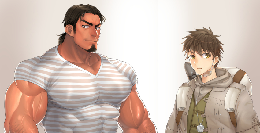 2boys, abs, arm_hair, bad_id, bad_pixiv_id, bag, bara, biceps