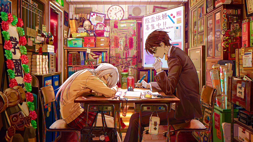 1boy, 1girl, absurdly_detailed_composition, absurdres, black_hair, box, closed_eyes, denn_(naluse_flow)