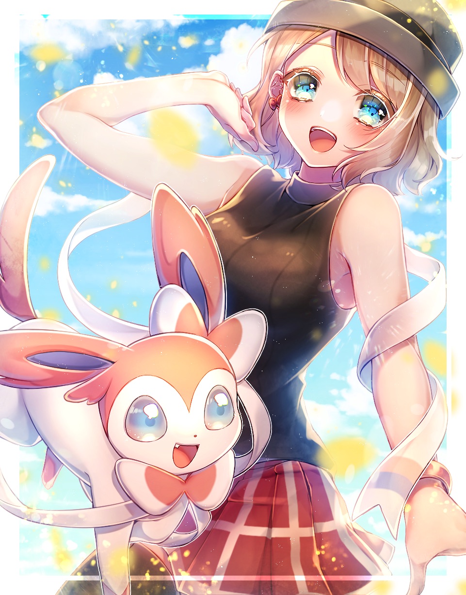 1girl, :d, blonde_hair, blue_eyes, blush, brown_shirt, cloud, commentary_request, day, eyelashes, gen_6_pokemon, grey_headwear, hat, highres, looking_at_viewer, medium_hair, nintendo, open_mouth, outdoors, pokemon, pokemon_(anime), pokemon_(creature), pokemon_journeys, pokemon_swsh105, red_skirt, sapphire_(ema-n), serena_(pokemon), shirt, skirt, sky, sleeveless, sleeveless_shirt, smile, sylveon, teeth, thighhighs, tongue, upper_teeth_only