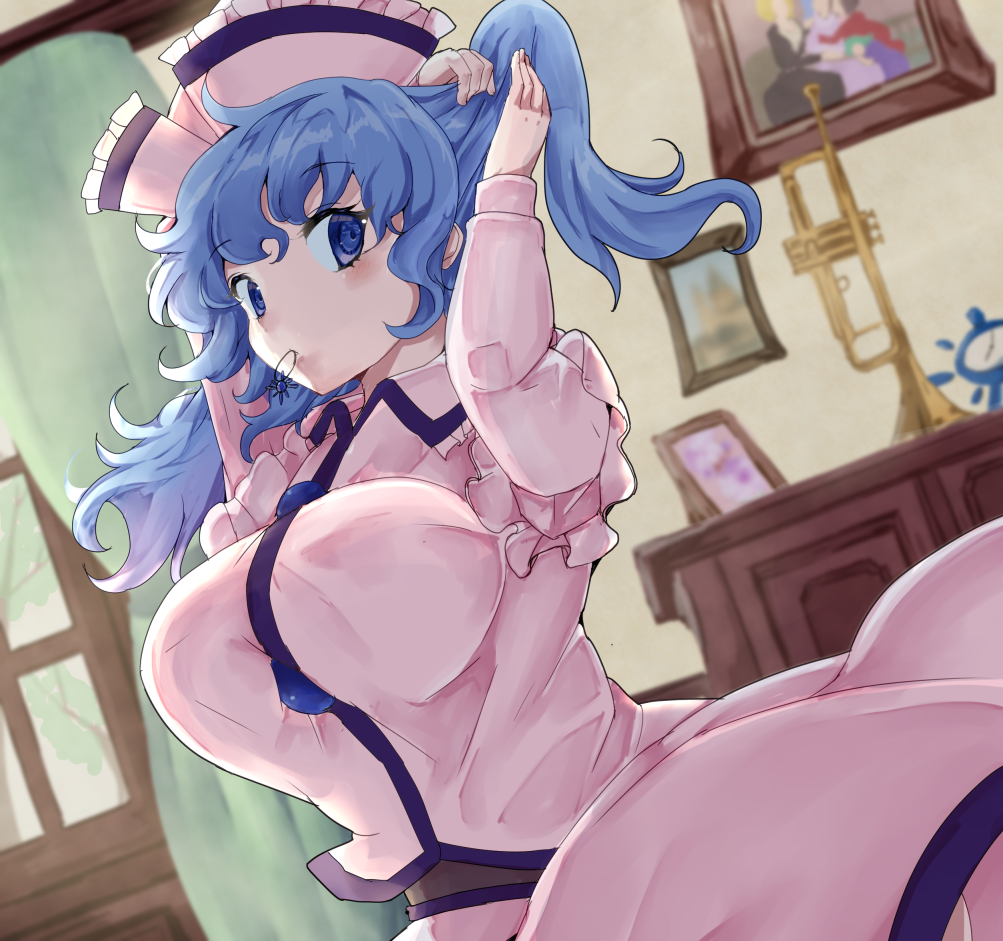 1girl, adjusting_hair, alternate_hairstyle, arms_up, blue_eyes, blue_hair, breasts, dress, dutch_angle, frilled_shirt_collar, frills, hat, indoors, jyaoh0731, large_breasts, long_hair, looking_at_viewer, merlin_prismriver, mouth_hold, pink_dress, solo, touhou, tying_hair, window