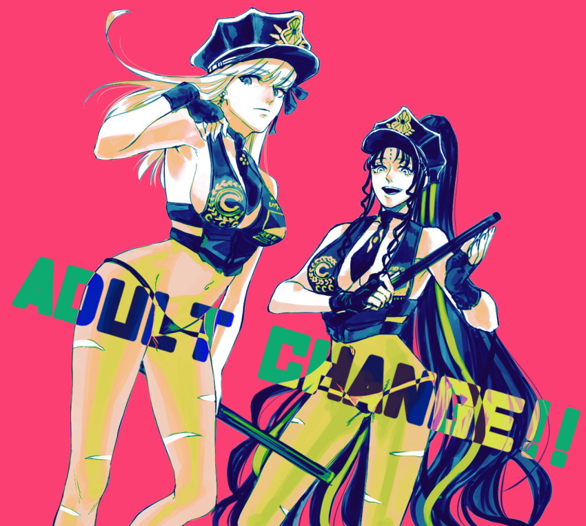 2girls, alternate_costume, black_hair, breasts, cosplay, facial_mark, fate/grand_order, fate_(series), forehead_mark, fuse_(2sau3), gloves, hat, kama_(fate), kama_(teenager)_(fate), long_hair, multiple_girls, necktie, sesshouin_kiara_(swimsuit_mooncancer)_(cosplay), sessyoin_kiara, sessyoin_kiara_(swimsuit_mooncancer)_(second_ascension), simple_background, torn_clothes, torn_legwear, very_long_hair, white_hair