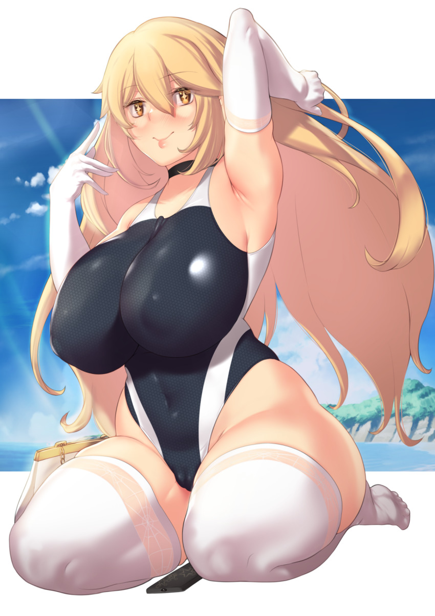 +_+, 1girl, 2021, 20s, alternate_body_size, alternate_breast_size_(larger), arm_up, armpits, aster_crowley, bag, bare_shoulders, beach, black_one-piece_swimsuit, blonde_hair, blue_sky, blush, breasts, brown_eyes, closed_mouth, cloud, cloudy_sky, competition_swimsuit, cosplay, covered_erect_nipples, covered_navel, curvy, day, elbow_gloves, full_body, gloves, hair_between_eyes, hand_up, handbag, high_ponytail, highleg, highleg_one-piece_swimsuit, highres, hip_focus, huge_breasts, jacket, kneeling, large_breasts, light_blush, lips, long_hair, looking_at_viewer, matching_hair/eyes, multicolored_eyes, ocean, one-piece_swimsuit, open_clothes, open_jacket, outdoors, plump, ponytail, school_swimsuit, shokuhou_misaki, shore, sitting, sky, smile, solo, sparkle, sparkling_eyes, star-shaped_pupils, star_(symbol), swimsuit, symbol-shaped_pupils, thick_thighs, thighhighs, thighs, toaru_kagaku_no_mental_out, toaru_kagaku_no_railgun, toaru_majutsu_no_index, toaru_majutsu_no_index_gaiden:_toaru_kagaku_no_mental_out, tokiwadai_school_swimsuit, very_long_hair, water, whistle, whistle_around_neck, white_gloves, white_thighhighs, wide_hips, yellow_eyes