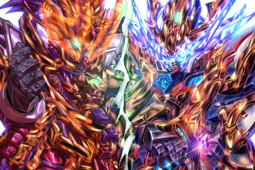 blue_eyes, cao_cao_wing_gundam_isei_style, glowing, glowing_eye, green_eyes, gundam, holding, holding_sword