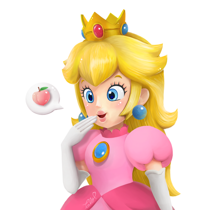 1girl, blonde_hair, brooch, crown, dress, earrings, eyebrows, flutterinreallife, food, fruit, gloves, jewelry, lips, long_hair, looking_down, mario_(series), nintendo, open_mouth, peach, pink_dress, princess_peach, smile, solo, speech_bubble, super_mario_bros._1, tiara, white_gloves
