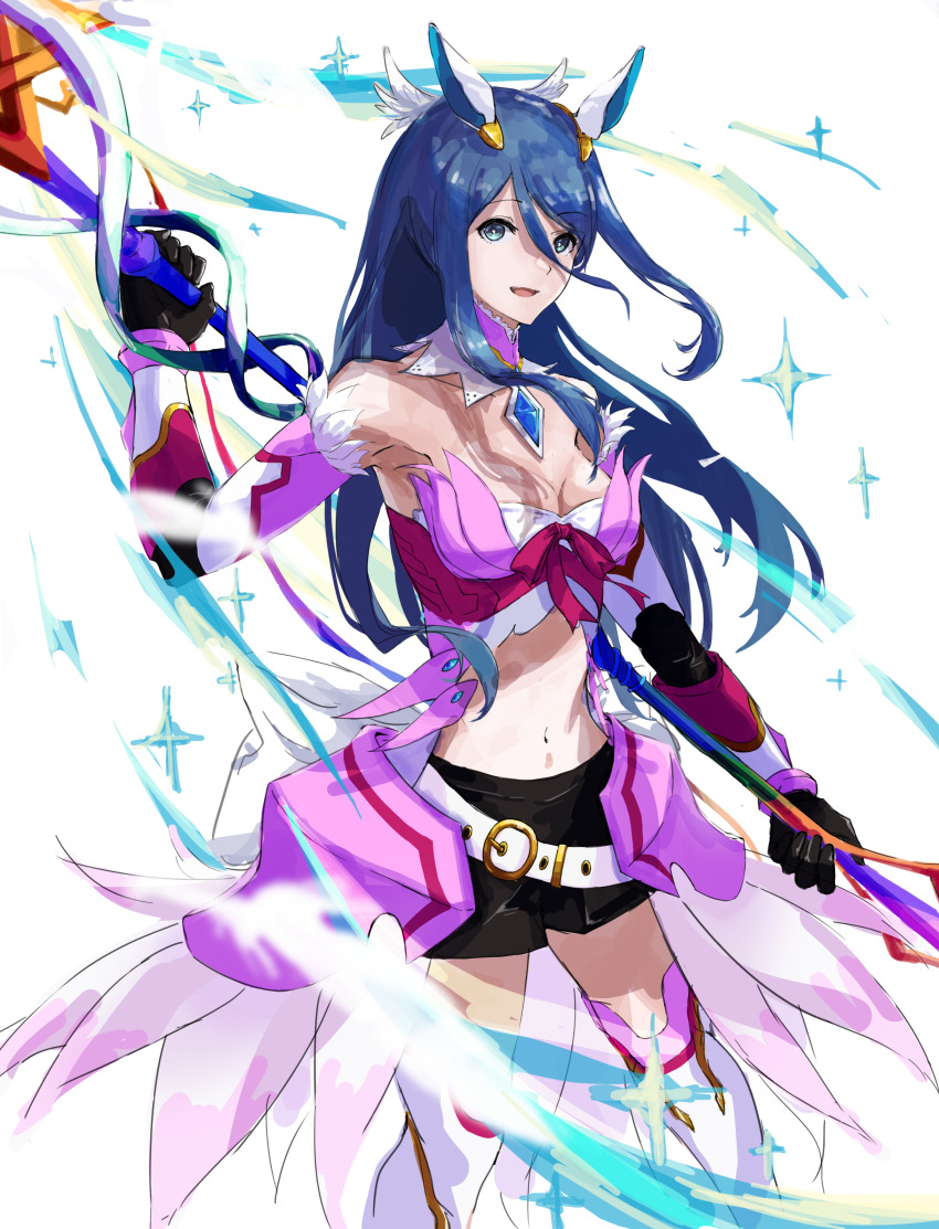 1girl, :d, absurdres, armpits, bare_shoulders, belt, black_shorts, blue_eyes, blue_hair, breasts, cleavage, cowboy_shot, elbow_gloves, fire_emblem, gloves, hair_between_eyes, hair_ornament, highres, holding, holding_polearm, holding_weapon, long_hair, looking_at_viewer, medium_breasts, midriff, navel, nintendo, open_mouth, oribe_tsubasa, polearm, semito310, shorts, smile, solo, sparkle, standing, thighhighs, tokyo_mirage_sessions_fe, weapon, white_background, white_belt