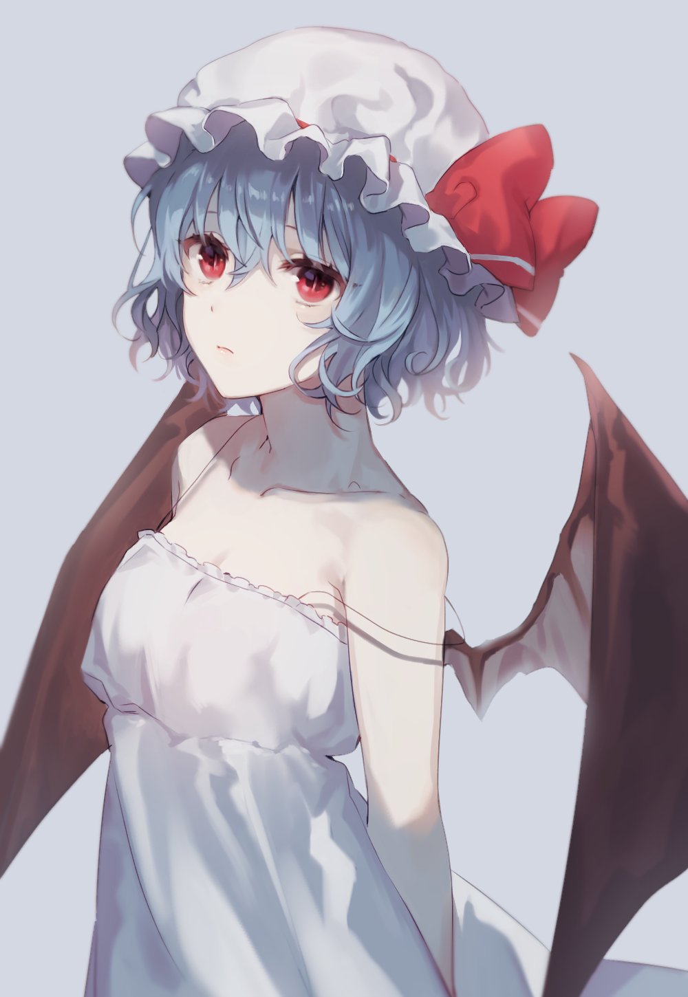 1girl, ap5ry, bat_wings, blue_hair, bow, camisole, dress, hat